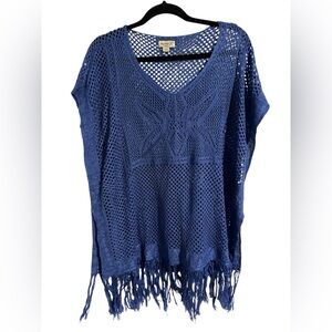 One world  Shawl Crochet Poncho Top blue Fringe Boho